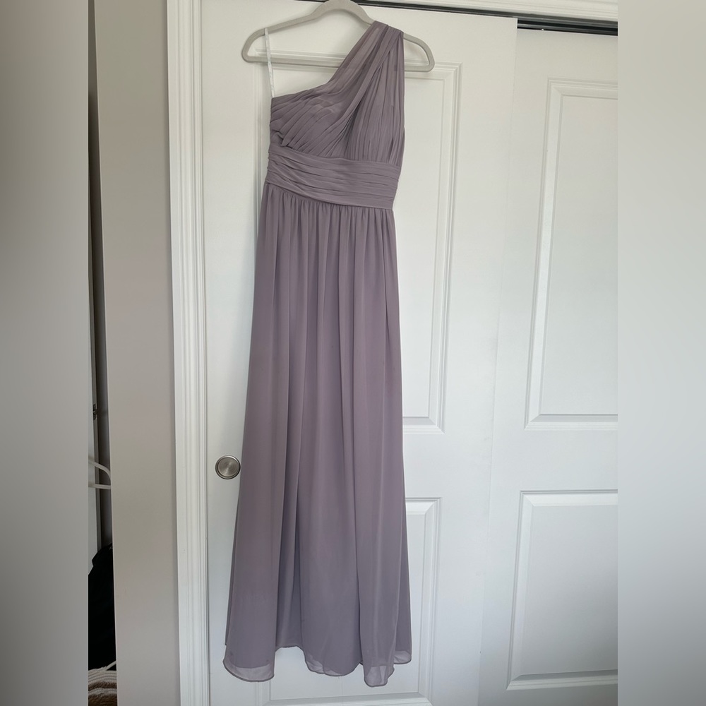 Beautiful long lavender gown. One shoulder style with flattering ruching.